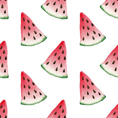 Cute watercolor summer pattern with slice of watermelon, background for summer decoration, fabric, wallpaper, textile etc. 