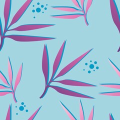 Seamless pattern with tropical leaves on a blue background. Leaves in a pink-purple gradient. Water drops around the leaves. 