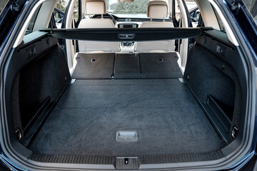 Car trunk. Open trunk. Seat of the second row of seats. Organizer in the trunk.