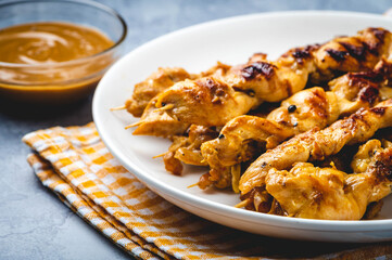 Famous Asian Chicken Dish- Chicken Satay with Peanut Sauce on the side- profile