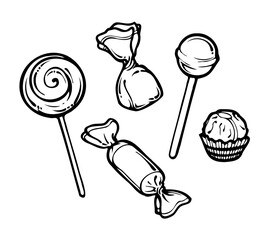 candy hand drawn black and white set. cartoon vector illustration can use for design