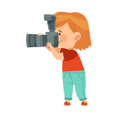 Pretty Girl Holding Digital Camera Taking Photograph Vector Illustration
