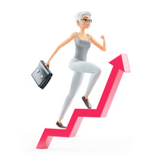 3d senior woman with briefcase running on growing arrow