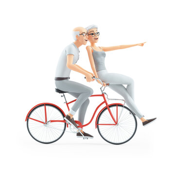 3d senior man and woman riding on bike together