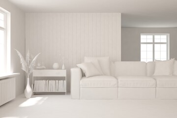 Mock up of minimalist living room in white color with sofa. Scandinavian interior design. 3D illustration