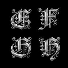 3D old Gothic metal capital letter alphabet - letters E-H