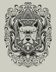 Illustration vector Dog head with vintage engraving ornament