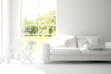 Mock up of stylish room in white color with sofa and green landscape in window. Scandinavian interior design. 3D illustration