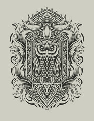 Illustration vector Owl bird with vintage engraving ornament