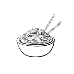 Chinese noodles black ink outline drawn on white background. Hand-drawn vector illustration. Fast food.