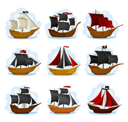 Pirate Sailing Ship with Square Rigged Masts Navigating Upon Water Vector Set