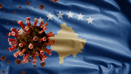 3D, Flu coronavirus floating over Kosovan flag. Kosovo and pandemic Covid 19