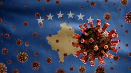 3D, Kosovan flag waving with Coronavirus outbreak. Kosovo Covid 19