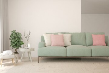 White living room with sofa. Scandinavian interior design. 3D illustration