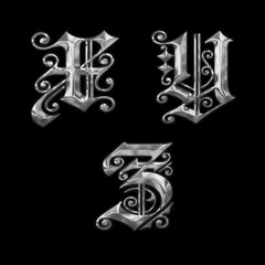 3D old Gothic metal capital letter alphabet - letters X-Z