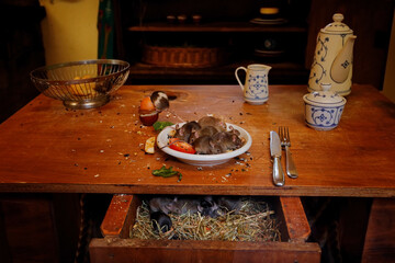 Mouse at he home kitchen. Rat mouse, Rattus norvegicus, eats food rest rubbish from dirty plate...