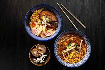 Bowl of Japanese Miso Ramen Soups on dark background viewed from above. Japanese noodles.