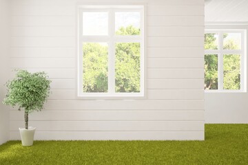 White empty room with summer landscape in window and grass floor. Scandinavian interior design. 3D illustration
