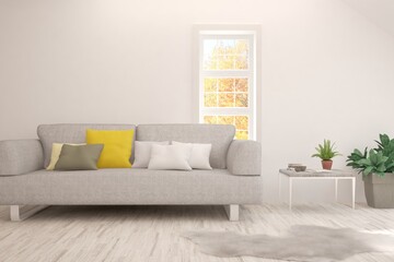 White living room with sofa. Scandinavian interior design. 3D illustration