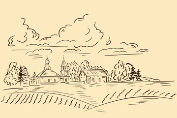 Sketch of village with church in distance. Church in the background of the field