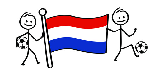 Cartoon stickman with the flag of the Netherlands and football. Stick figure man with soccer ball. Funny vector sport icon. Sport finale or school game cup. Dutch or Holland sign.