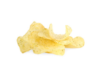 Tasty crispy potato chips isolated on white