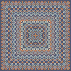 Square ornament in gray blue orange for scarves or pillows, for printing on fabric or paper. Frame. Ribbons.