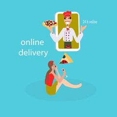 flat pizza delivery concept with cook character , girl orders online by smartphone or tablet, vector illustration.