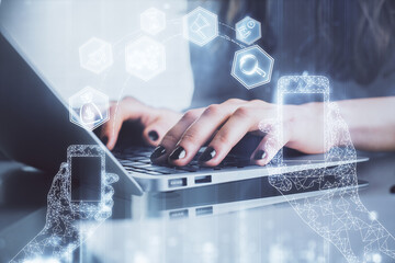 Double exposure of woman hands typing on computer and technology theme drawing. High Tech concept.