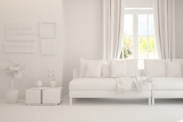 White minimalist living room with sofa. Scandinavian interior design. 3D illustration