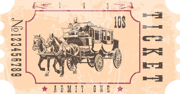 vector image of a stagecoach ticket in vintage style with the image of an old horse drawn omnibus