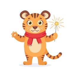 Cute tiger in a scarf with sparkler wishes a Merry Christmas and Happy New Year 2022. Year of the Tiger. Vector illustration