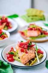 Waffles with wild garlic and salmon..style rustic