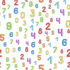 Seamless pattern of multicolored numbers on a white background. It can be used for children's wallpaper, wrapping paper, fabric, covers, templates. Flat vector illustration.