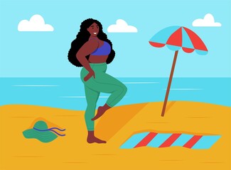 Obraz na płótnie Canvas Young curvy woman on the beach. Body positive, self-love. Flat cartoon vector illustration