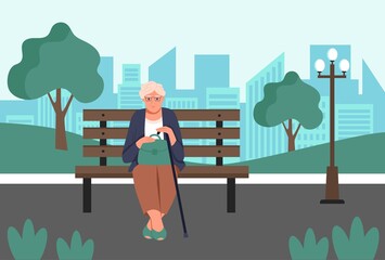 An elderly woman with a bag and a cane sits on a bench in the park. Flat cartoon vector illustration.