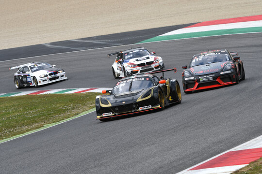Italy - 25 March, 2021: Lotus Exige V6 Cup R of Lotus PB Racing Team driven by D'Aste-Utzieri-Grimaldi-Abbati in action during 12h Hankook Race at Mugello Circuit in Italy.