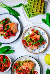 Waffles with wild garlic and salmon..style rustic