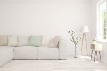 White living room with sofa. Scandinavian interior design. 3D illustration