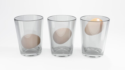 3D rendering of Egg in water test on transparent glass , Egg freshness test on white isolated background , Bad egg floats in water