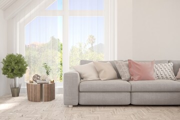 Minimalist living room in white color with sofa and summer landscape in window. Scandinavian interior design. 3D illustration