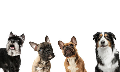 Close-up four cute dogs different breeds posing isolated over white studio background. Collage
