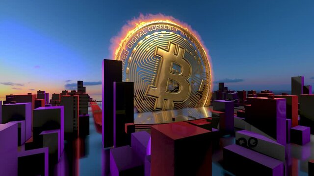 Bitcoin block chain crypto logo on cityscape 