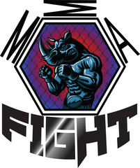 vector image of the logo of fighting without rules MMA fighter in the form of a rhinoceros stylized cartoon