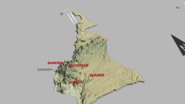 Seamless looping animation of the 3d terrain map of Cameroon with the capital and the biggest cites in 4K resolution