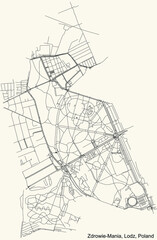 Black simple detailed street roads map on vintage beige background of the quarter Zdrowie-Mania district of Lodz, Poland