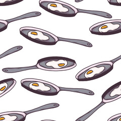 Seamless pattern with hand drawn scrambled eggs in a frying pan