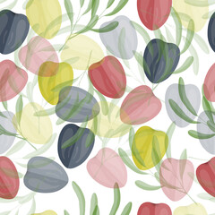 Seamless pattern with olive tree fruits and leaves