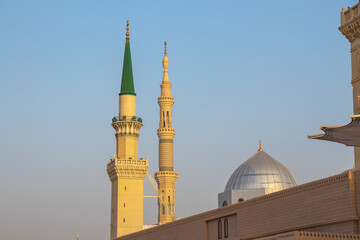Ottoman Turkish style minaret in Medina. Minarets of Masjid Nabawi - Prophet Mosque. Madinah al...