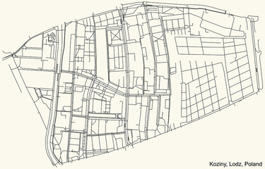 Black simple detailed street roads map on vintage beige background of the quarter Koziny district of Lodz, Poland